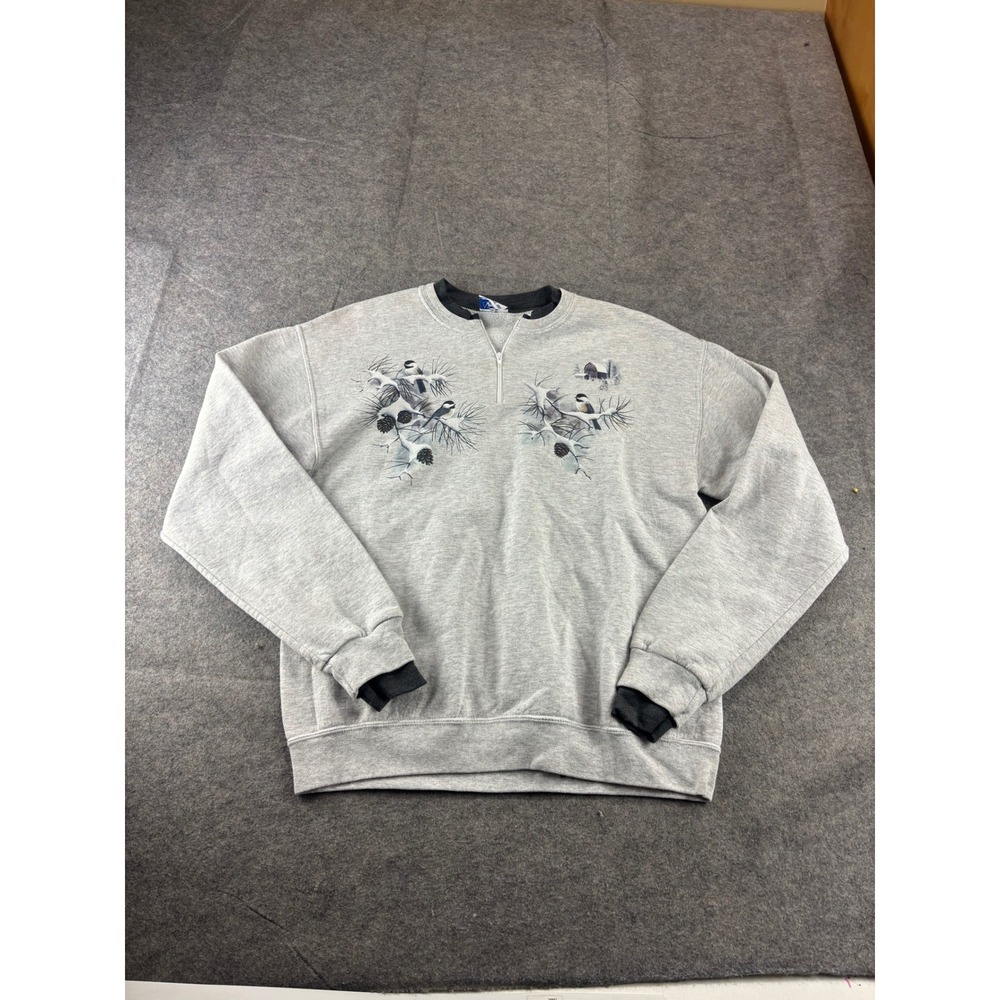 VTG PFI Fashions Chickadee Winter Graphic Quarter Zip Prep Sweatshirt Grey XL